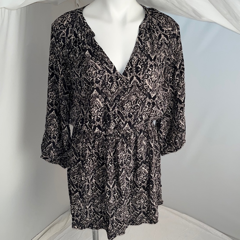 Joie Molly black and gray pattern silk blouson v-neck dress L
